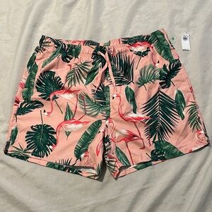 NWT Okd Navy Pink Flamingo Swim Trunks Sz L
